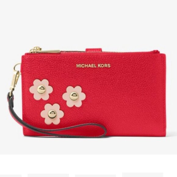 New Michael Kors Adele Floral Appliqué Leather Smartphone Double Zip Wristlet - Picture 13 of 13